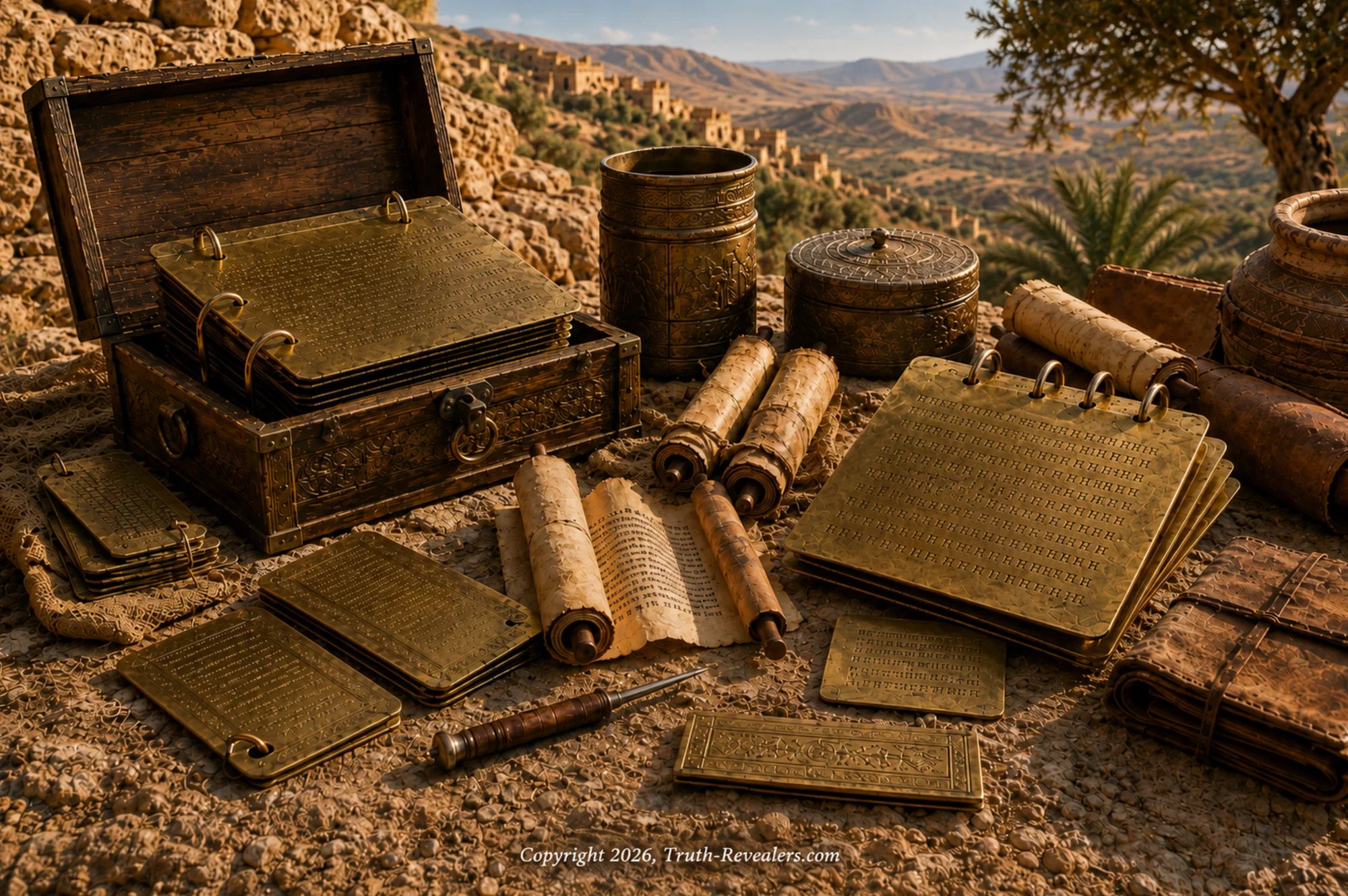 Brass ring-bound metal plates in an open wooden chest with scrolls and an engraving stylus, above a hillside village