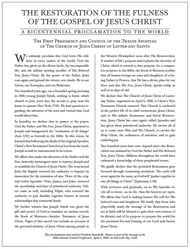 The Restoration of the Fulness of the Gospel of Jesus Christ: A Bicentennial Proclamation to the World.